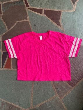 NWOTDistrict Hot Pink Short Sleeve Tee with Stripe Sleeves